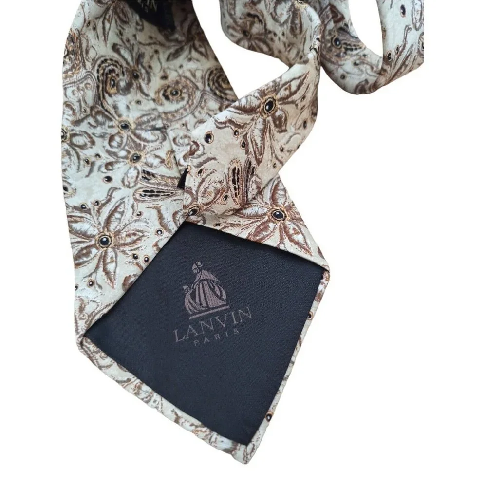 LANVIN Beige Floral Silk Tie FRANCE 58